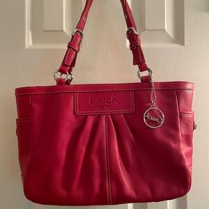 Coach East West Gallery Red Leather Tote Bag with Signature Charm. EUC